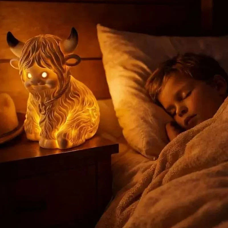Highland Cattle Table Lamp Resin Night Light Bedside Desk Home Decor Whimsical Rustic Cozy For Animal Lovers Kids Holidays Gift