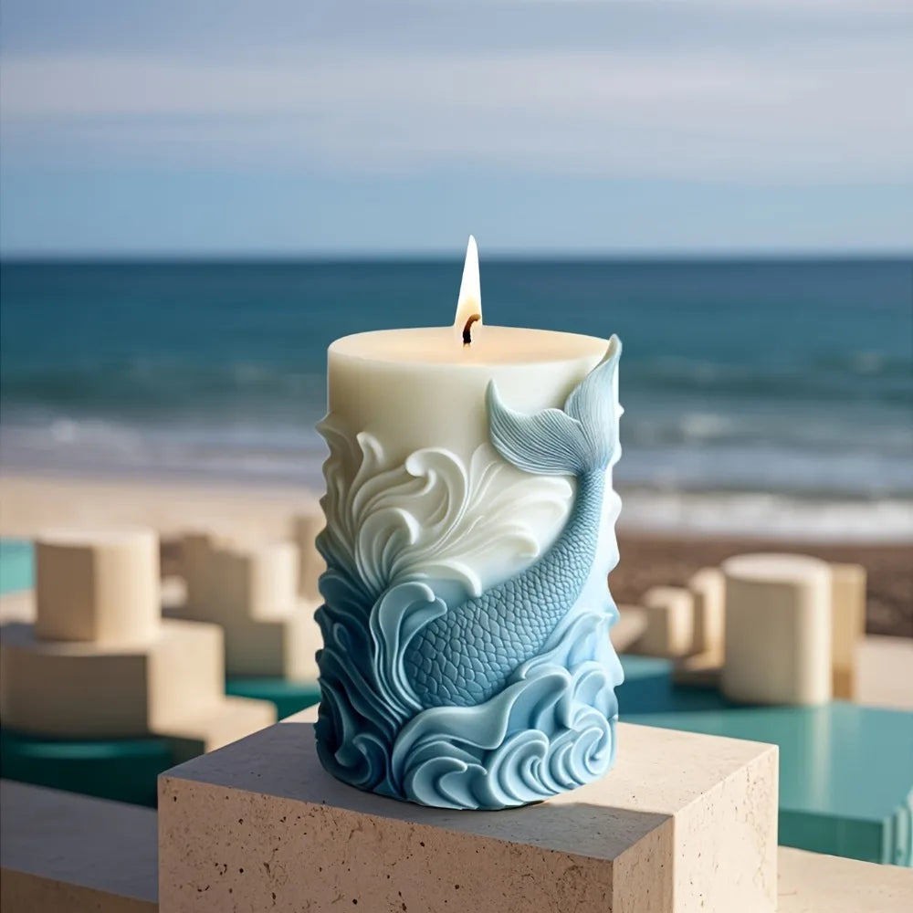 Ocean Theme Silicone Candle Mold Dolphin Column Resin Mold Fishtail Pillar Plaster Making Tool Relief Wave Design DIY Home Decor