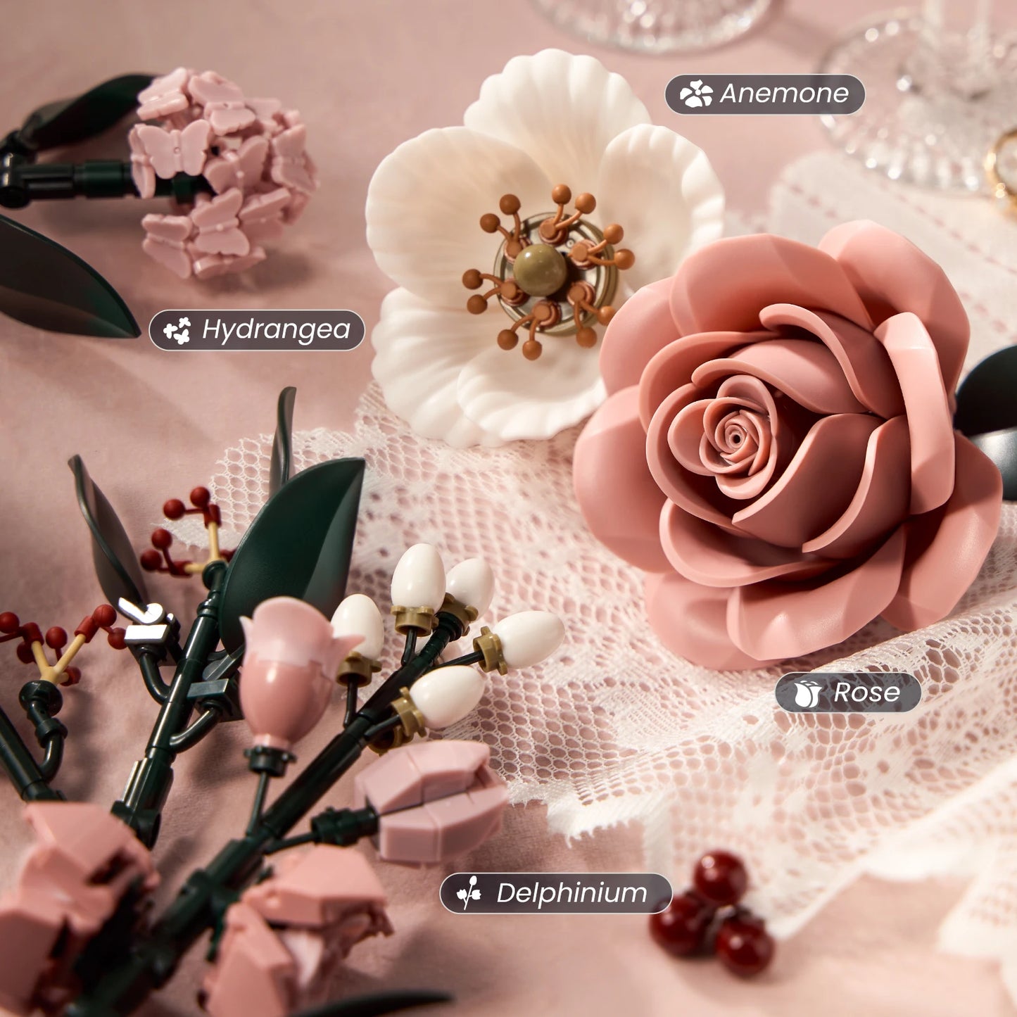 Pink Roses Flowers Bouquet Building Blocks Botanical Collection Toys Modern Home Decor Valentines Day Gifts for Adult Girlfriend