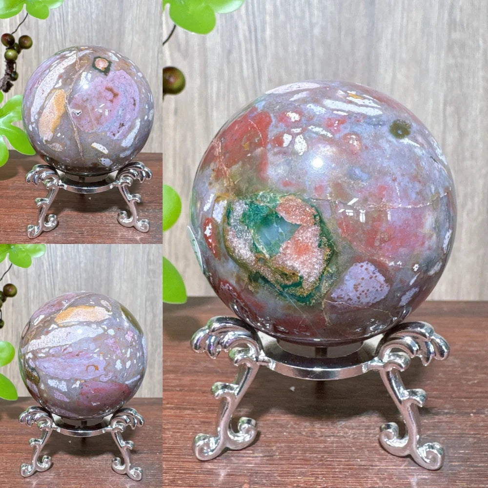 1PCS Natural Colourful Ocean Jasper Sphere WIth Druzy And Crack Raw Geode Healing Crystals Reiki Energy Home Decor +Stand