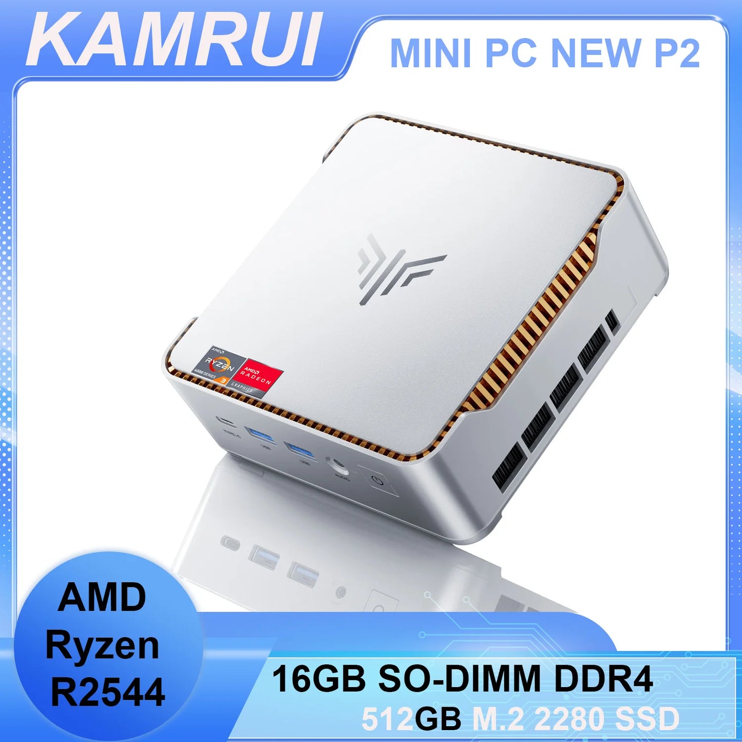 KAMRUI Mini PC 16GB SO-DIMM DDR4 512 M.2 2280 SSD AMD Ryzen R2544 up to 3.7GHz HDMI+DP1.4 Dual 4K UHD WiFi5 Desktop Micro PC