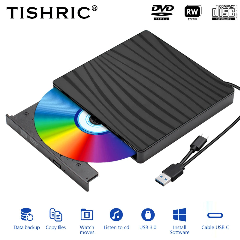 TISHRIC External DVD Drive Type C/USB 3.0 Player DVD/CD-ROM Reader Writer Burner For Macbook Laptop Dvd portatil Burner