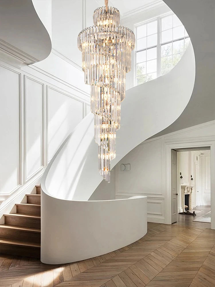 Long Crystal Staircase Gold Chandelier Modern Loft Crystal Lamp Luxury Villa Hotel Hall Living Room Large Chandelier Home Decor