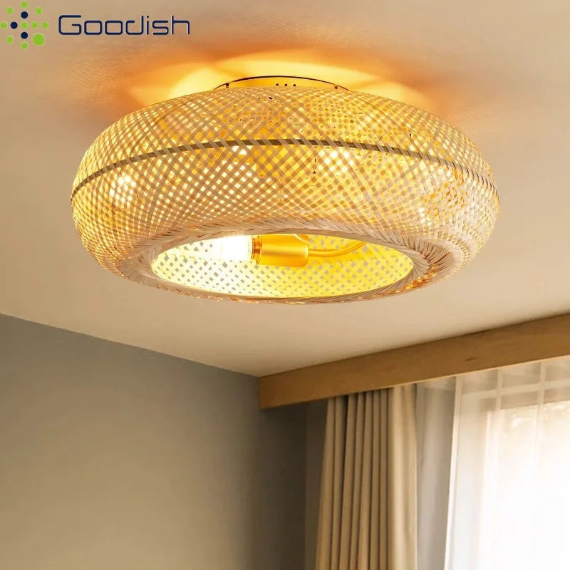 Modern Fan Light Wicker Ratten LED Ceiling Fans with Remote Control Creative Lamps for Living Room Bedroom Home Decor Chandelier