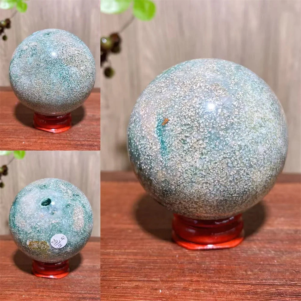 1PCS Natural Colourful Ocean Jasper Sphere WIth Druzy And Crack Raw Geode Healing Crystals Reiki Energy Home Decor +Stand