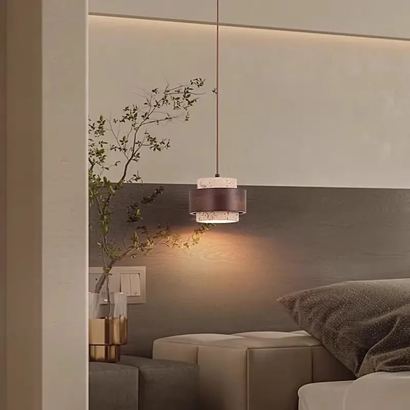 Modern Minimalist Wood LED Pendant Lamp Dining Room Bedroom Chandelier Bedside Natural Stone Indoor Home Decor Hanging Lighting