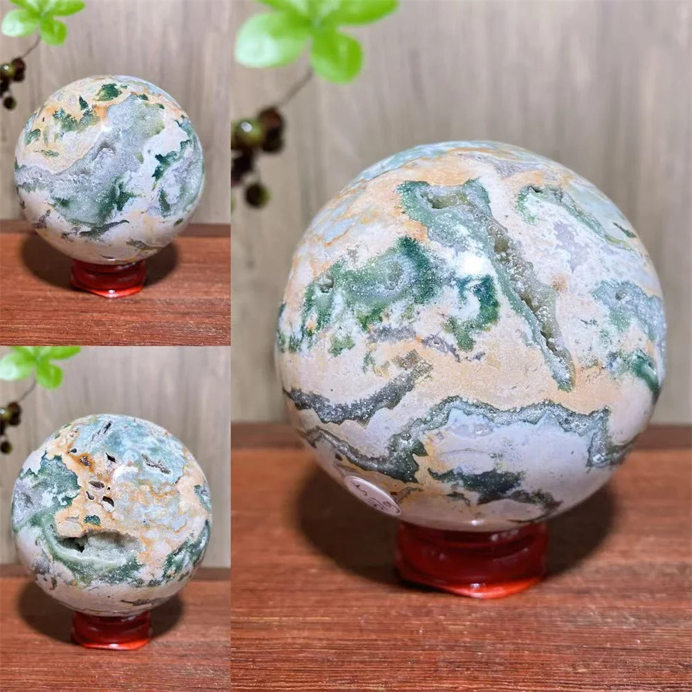 1PCS Natural Colourful Ocean Jasper Sphere WIth Druzy And Crack Raw Geode Healing Crystals Reiki Energy Home Decor +Stand