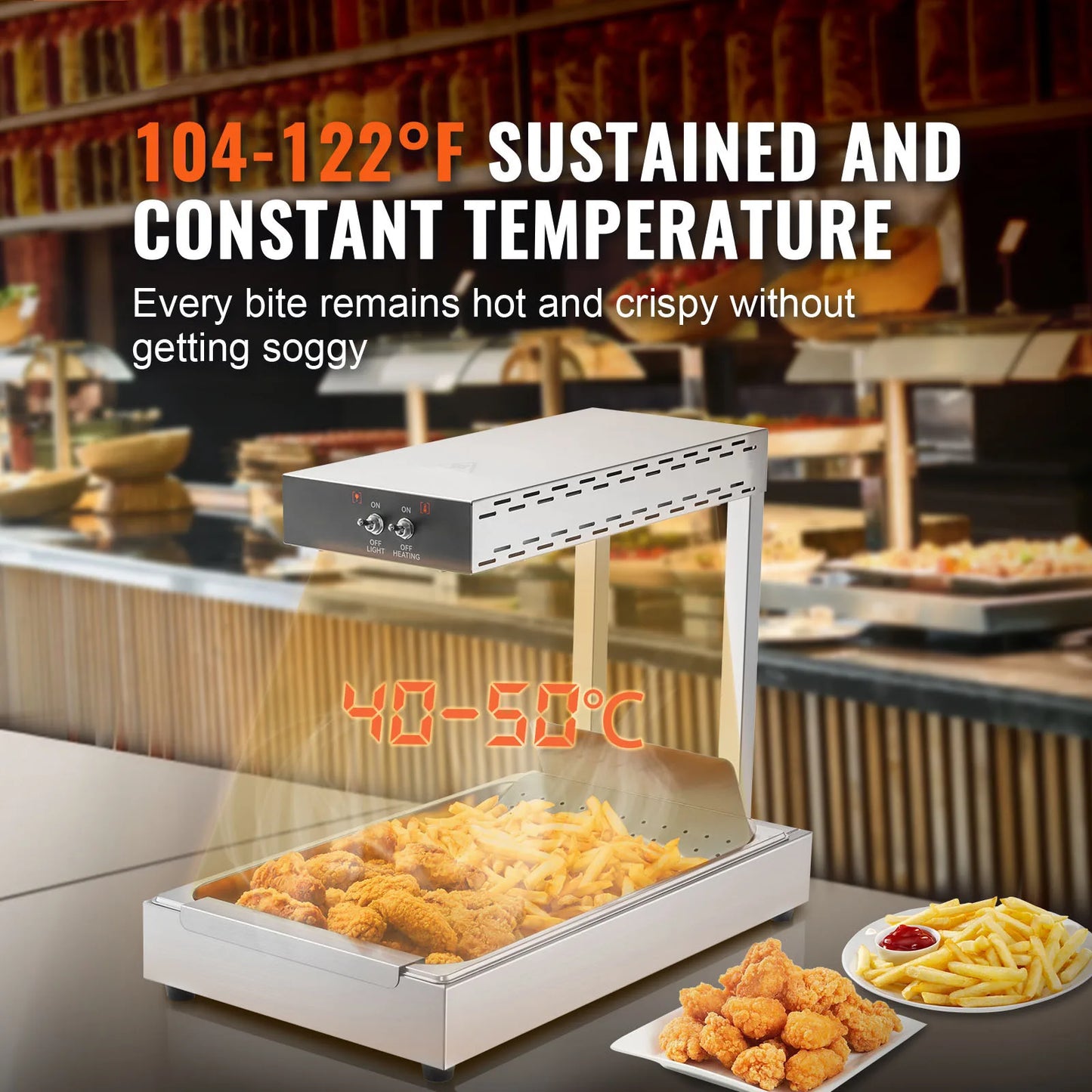 SucceBuy French Fry Food Warmer Commercial Food Heating Countertop 104-122°F Fries Food Warmer for Chip Buffet Restaurant