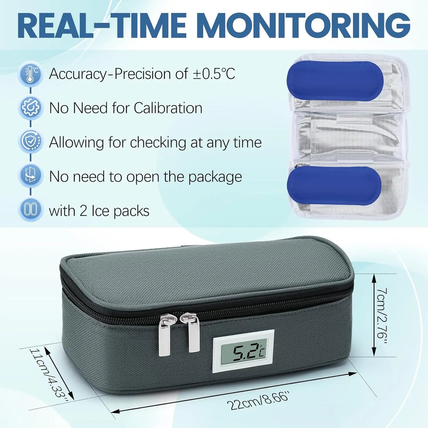 Portable Insulin Cooler Travel Case Diabetic Medicine Small Refrigeration Box With 2 Ice Packs & Digital LED Temperature Display