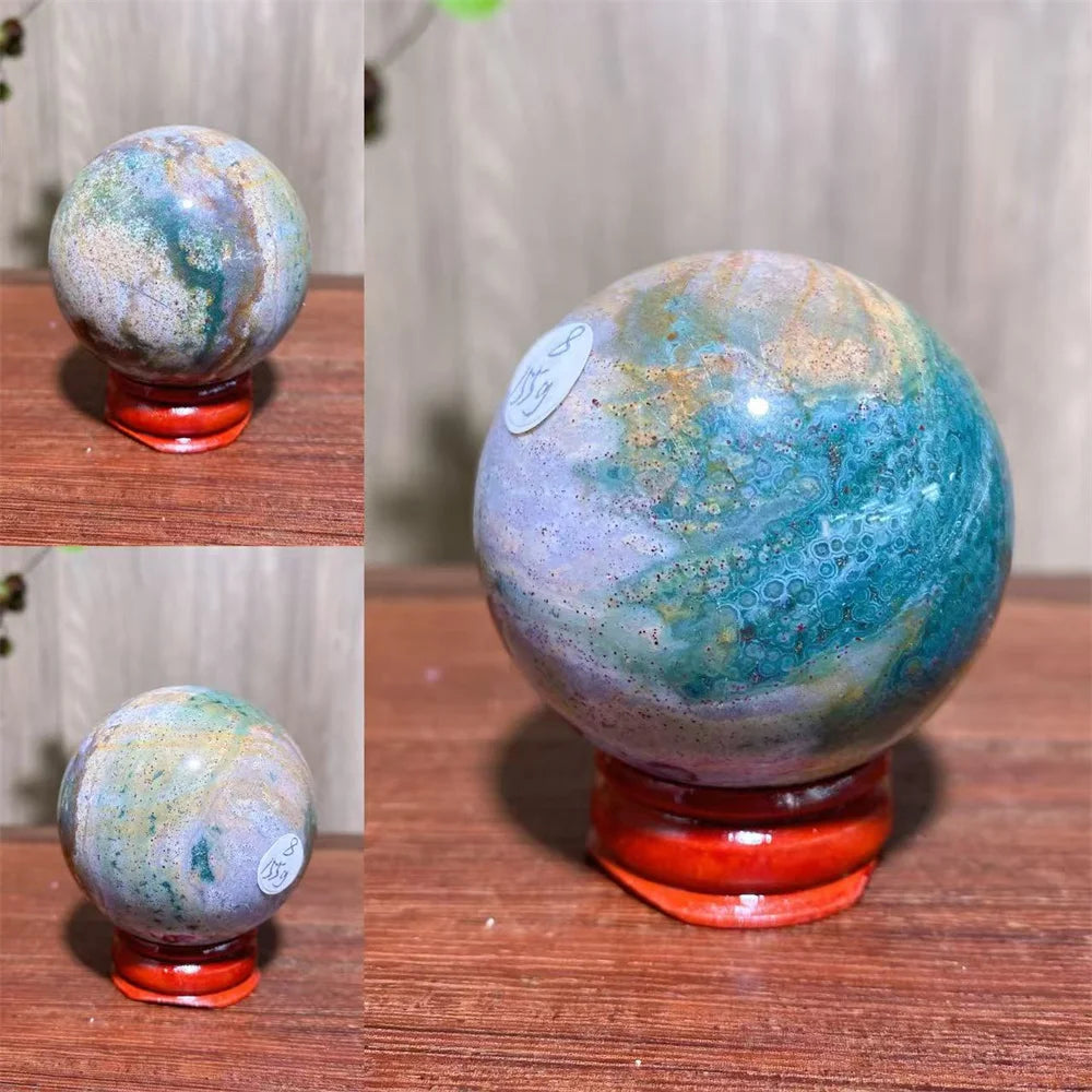 1PCS Natural Colourful Ocean Jasper Sphere WIth Druzy And Crack Raw Geode Healing Crystals Reiki Energy Home Decor +Stand