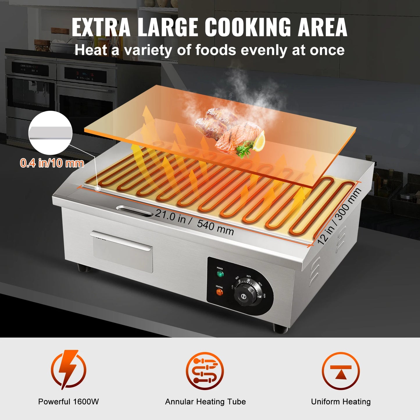 SucceBuy 21In Commercial Electric Grill Flat Pan Stainless Steel Desktop Griddle Hotplate Teppanyaki Grill w/Temperature Control