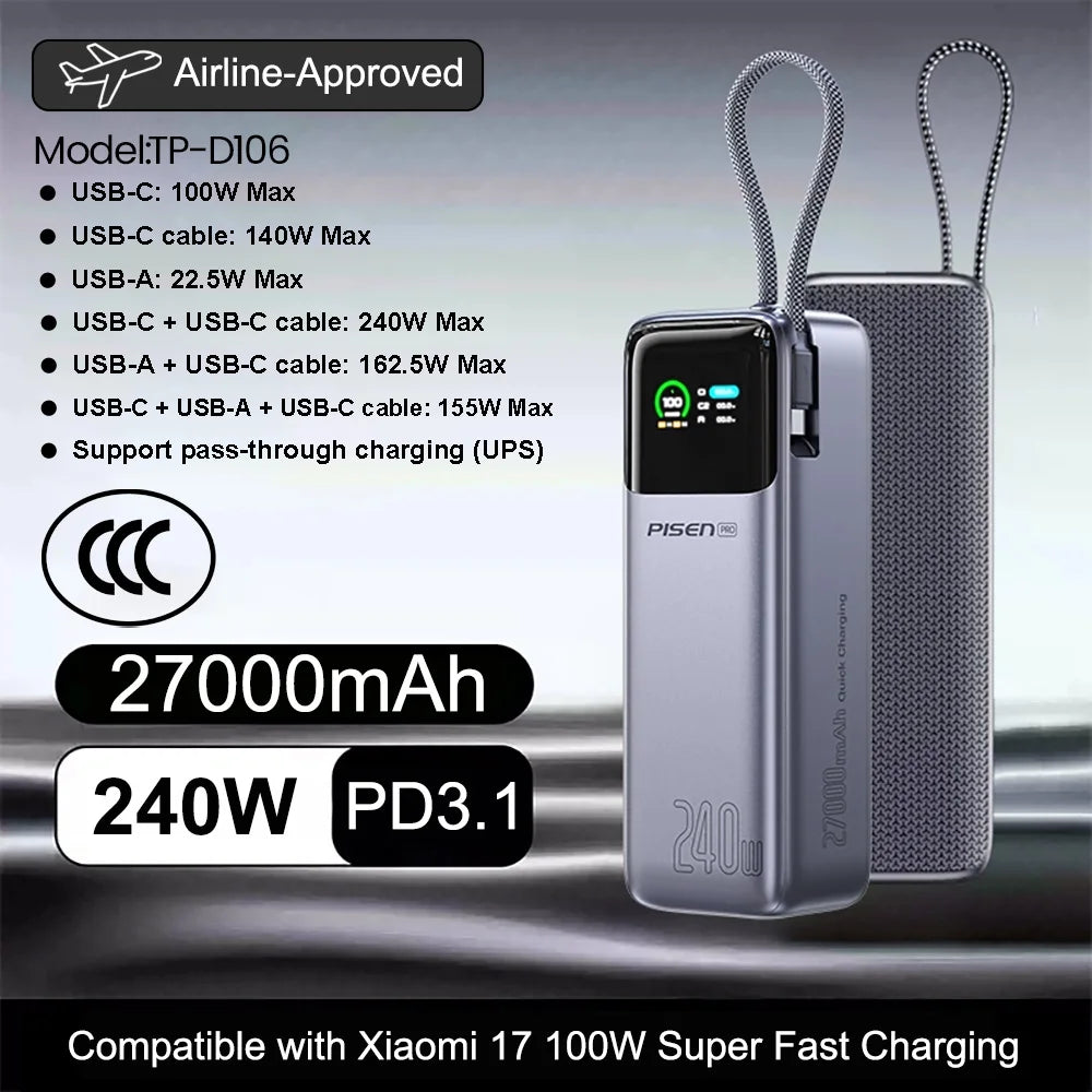 PISEN 240W Power Bank With Fast Charging Cable 27000mAh Portable PD3.1 CCC Powerbank for Laptop Notebook iPhone External Battery