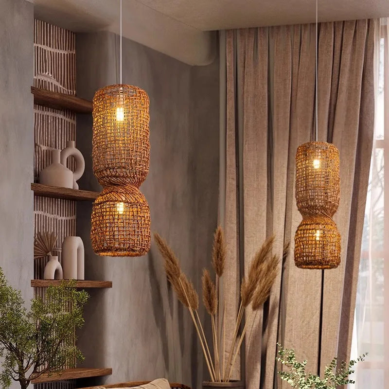 Japanese Wabi Sabi Retro Rattan Pendant Lamp Zen Tea Room Homestay Hotel Restaurant Bar Counter Chandelier Home Decor Lighting