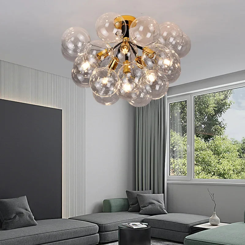 Modern Bubble Transparent Glass Ball Ceiling Lamp Crystal Ball Pendant Light with E27 Bulb for Living Room Bedroom Home Decor