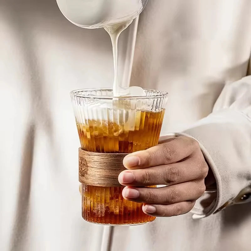 300 ml Glass Iced Coffee Cup, Milk Tea Drinking Mug with Leather Grip for Latte, Cocktail, Juice & Home Decor