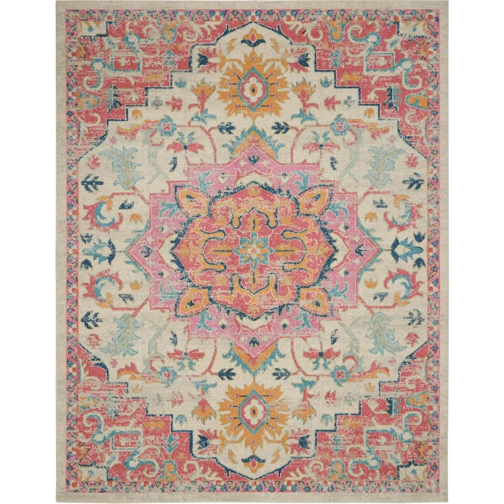 Bohemian Style Ivory and Pink Area Rug, 8' x 10', Easy Maintenance, Non-Shedding, Suitable for Bedroom, Living Room, Dining Room