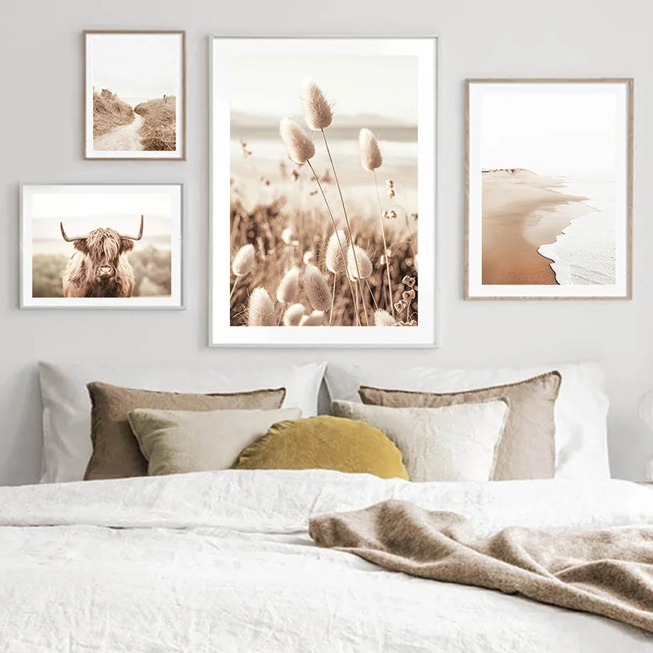 Neutral Beige Wall Art Mural Canvas Prints Boho Nature Landscape Highland Cow Coastal Pampas Grass Plant Posters Room Home Decor