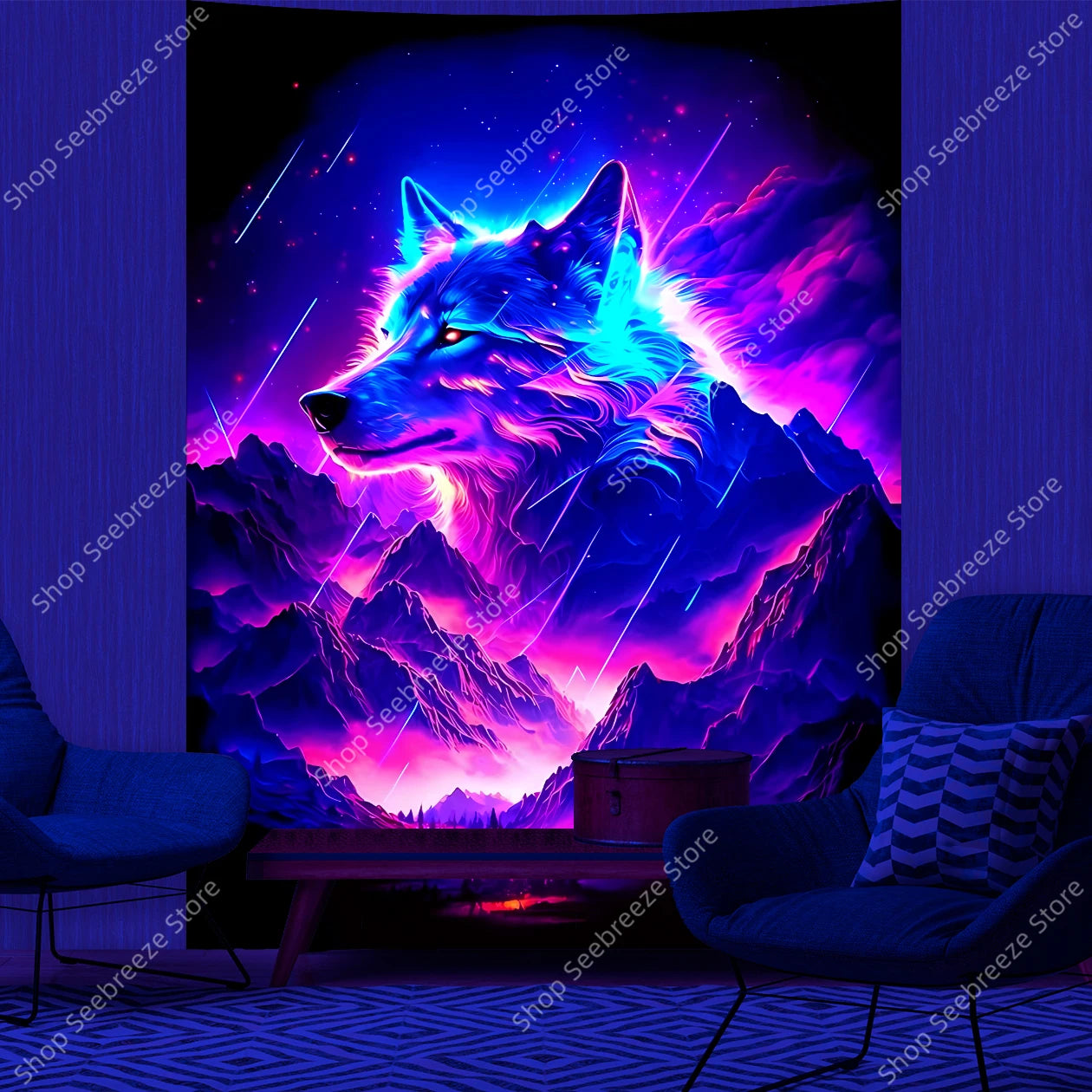 Wolf UV Reactive Tapestry Minimalist Abstract Art Hippie Tapitz Witchcraft Mysterious Tapestries Bedroom Living Room Home Decor