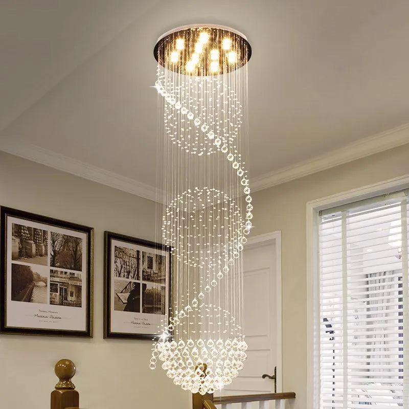 ModernCrystal LED Llight Staircase Home Decor Chandelier Lamp Stylish Hotel Project Villa Hall Long Double Suspension Luminaire