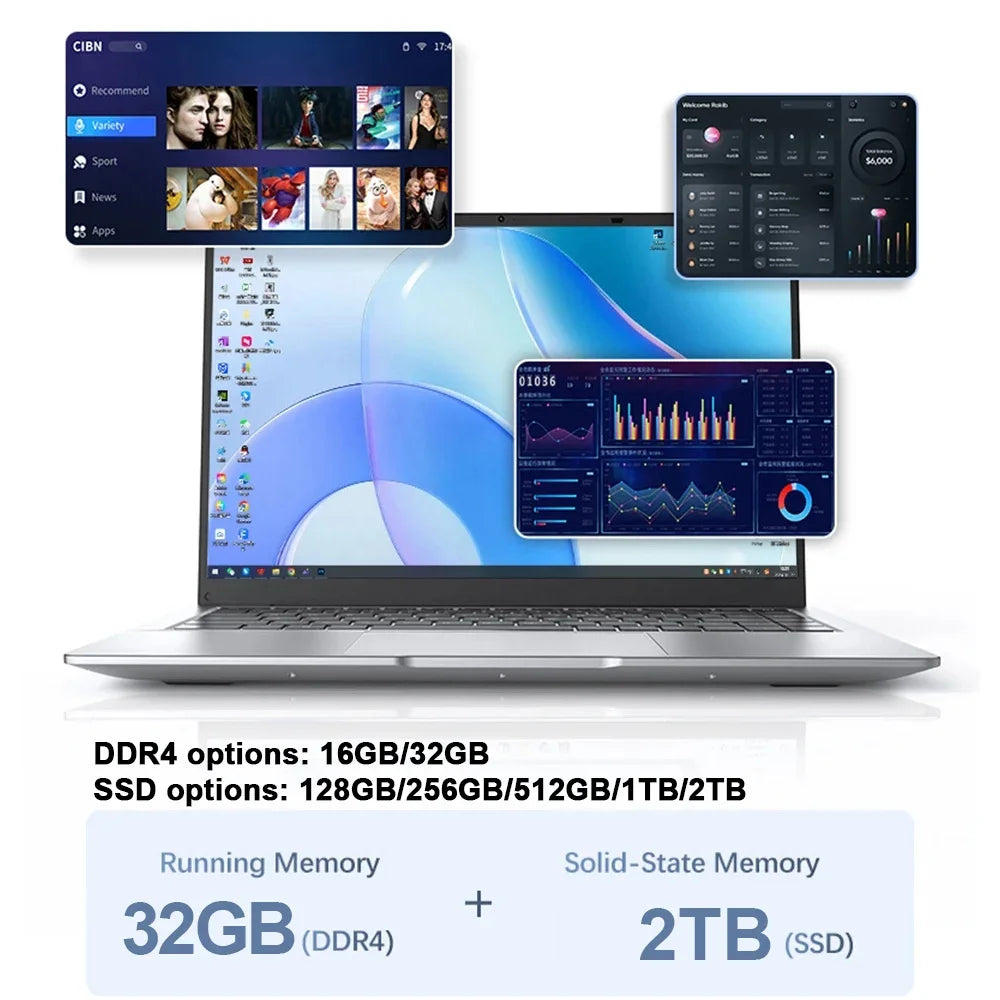 2026 Powerful 14.1 Inch FHD Gaming Laptop Windows 11 1920*1080 Display Intel Notebook PC DDR4 16GB 32GB 2TB SSD
