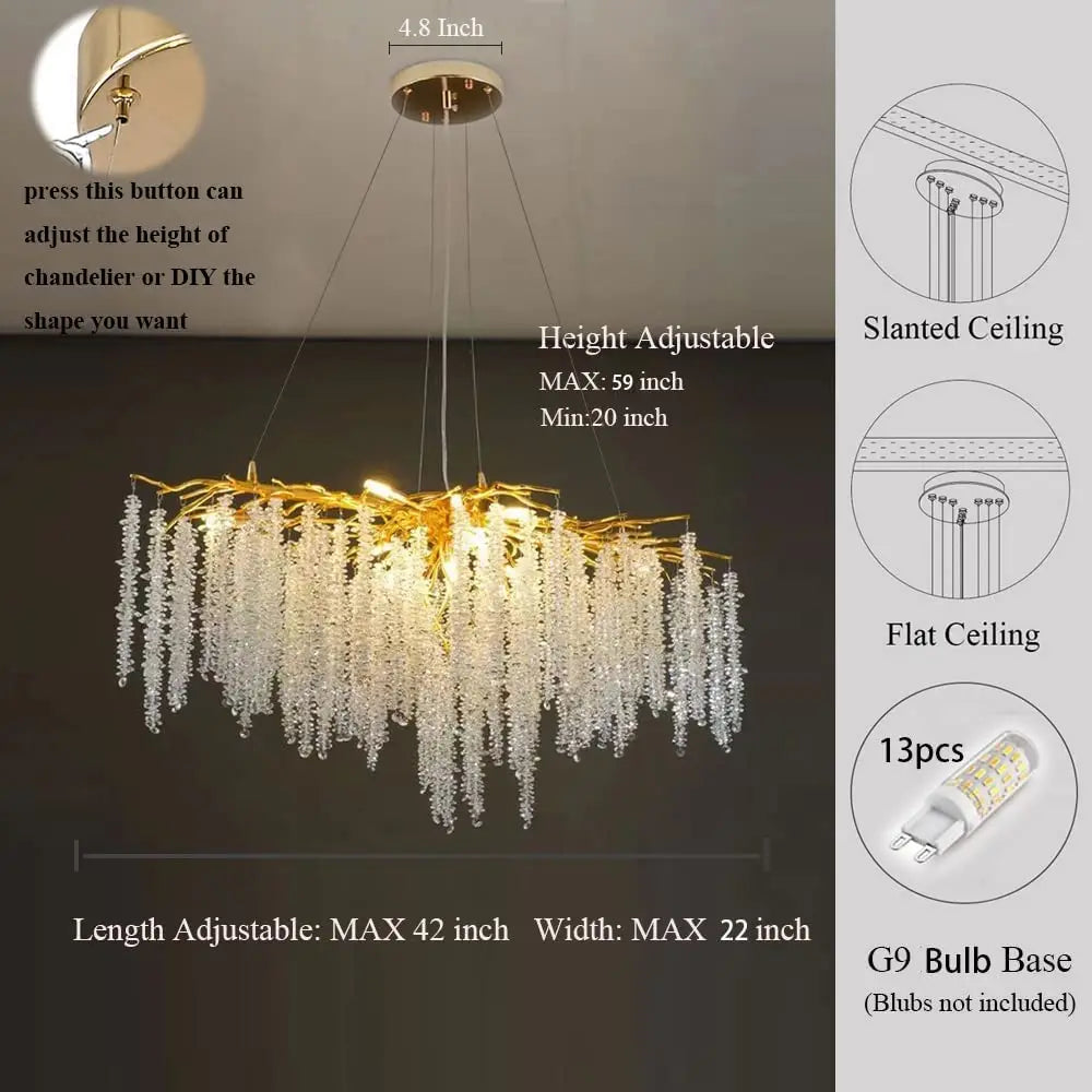 Modern Led Crystal Chandelier Branches For Dining Room Art Pendant Lamp Villa Hall Hanging Home Decor Lighting Fixture