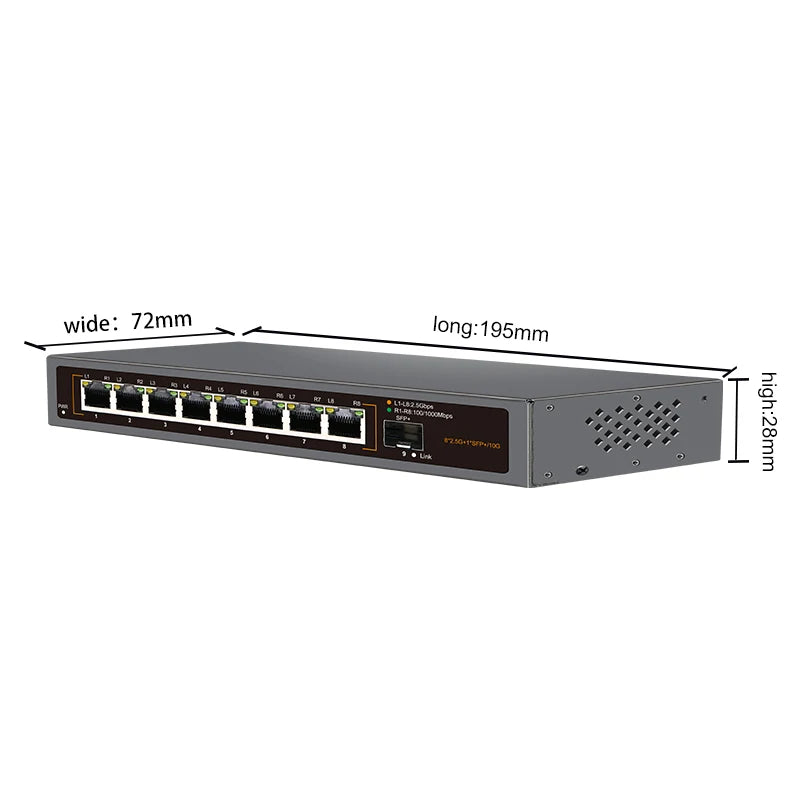 2.5Gb Network Switch 8 Port 2.5G RJ45 with 2 Port 10G SFP+ Ethernet Switch Fanless Plug Play Desktop Wall Mounted Network Switch