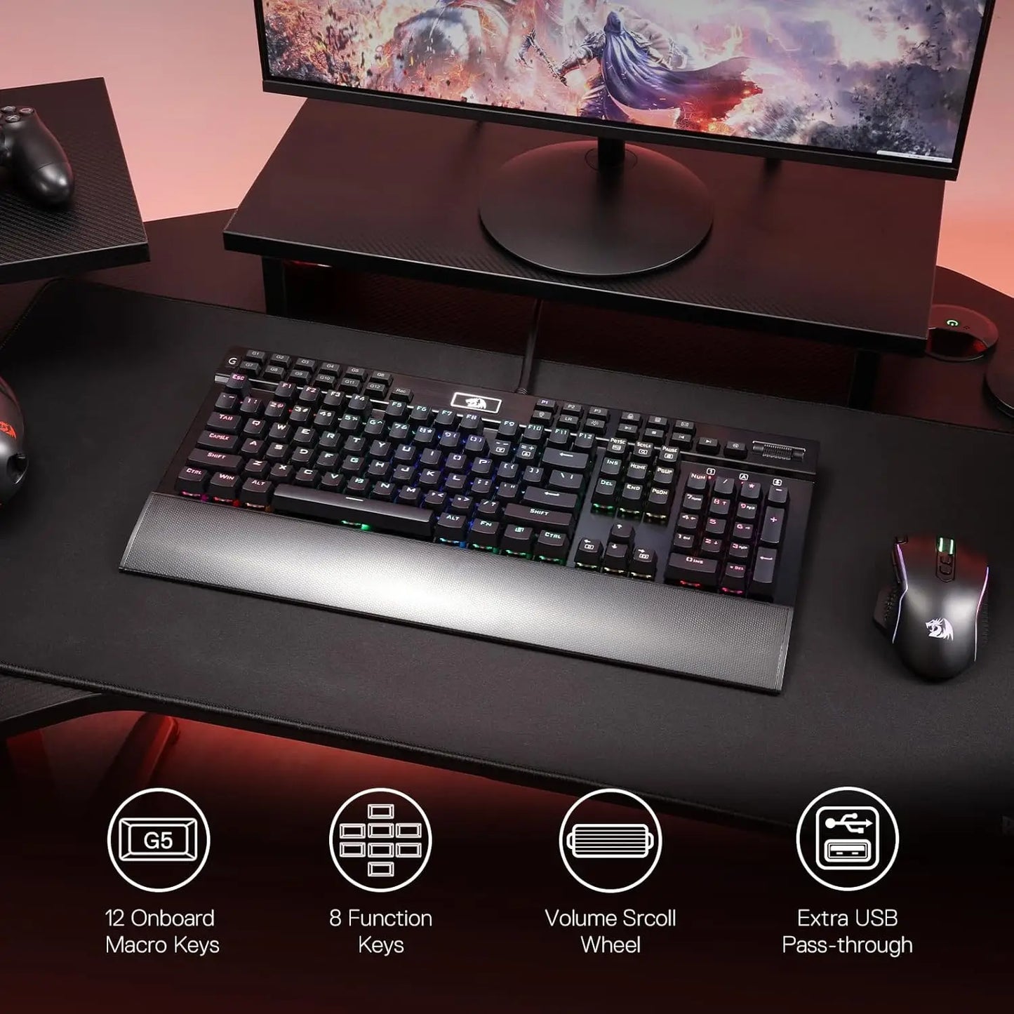 Redragon K550 RGB Gaming 104 Keys + 12 Macro G Keys Wired Mechanical & Wrist Rest Keyboard