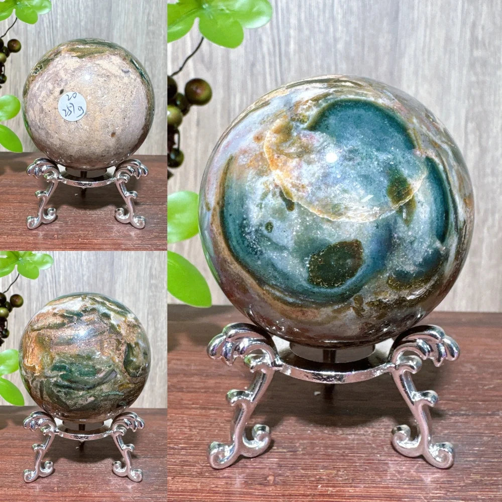 1PCS Natural Colourful Ocean Jasper Sphere WIth Druzy And Crack Raw Geode Healing Crystals Reiki Energy Home Decor +Stand