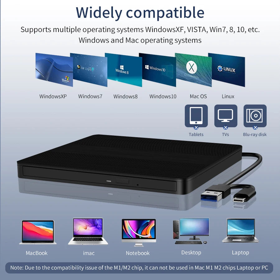 2 in 1 USB 3.0 Type C External DVD RW CD Writer Slim Drive Burner Reader Player Optical Drives For Laptop PC Portable DVD Burner