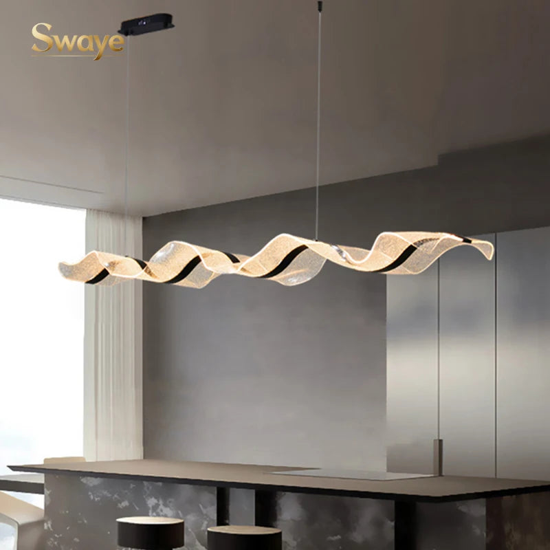 Nordic Creative Stylish LED Chandelier Long Wave Pendant Light Restaurant Bar Lamp Dining Room Ceiling Hanging Lights Home Decor