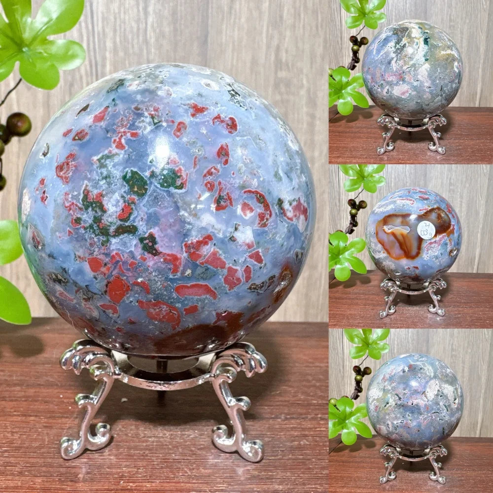 1PCS Natural Colourful Ocean Jasper Sphere WIth Druzy And Crack Raw Geode Healing Crystals Reiki Energy Home Decor +Stand