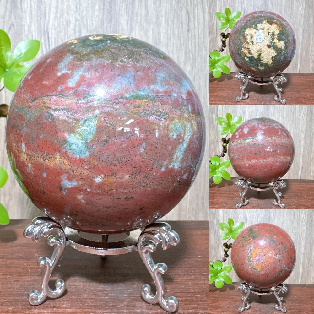 1PCS Natural Colourful Ocean Jasper Sphere WIth Druzy And Crack Raw Geode Healing Crystals Reiki Energy Home Decor +Stand