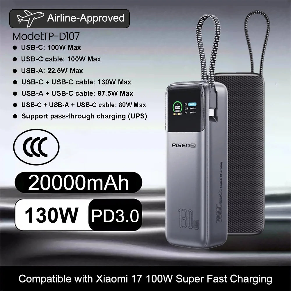 PISEN 240W Power Bank With Fast Charging Cable 27000mAh Portable PD3.1 CCC Powerbank for Laptop Notebook iPhone External Battery