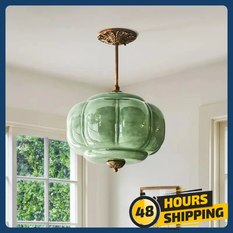 Retro Green Scallop Milk Glass Chandelier Nordic Pendant Lamp for Kitchen Island Hallway Corridor Home Decor Hanging Light E26