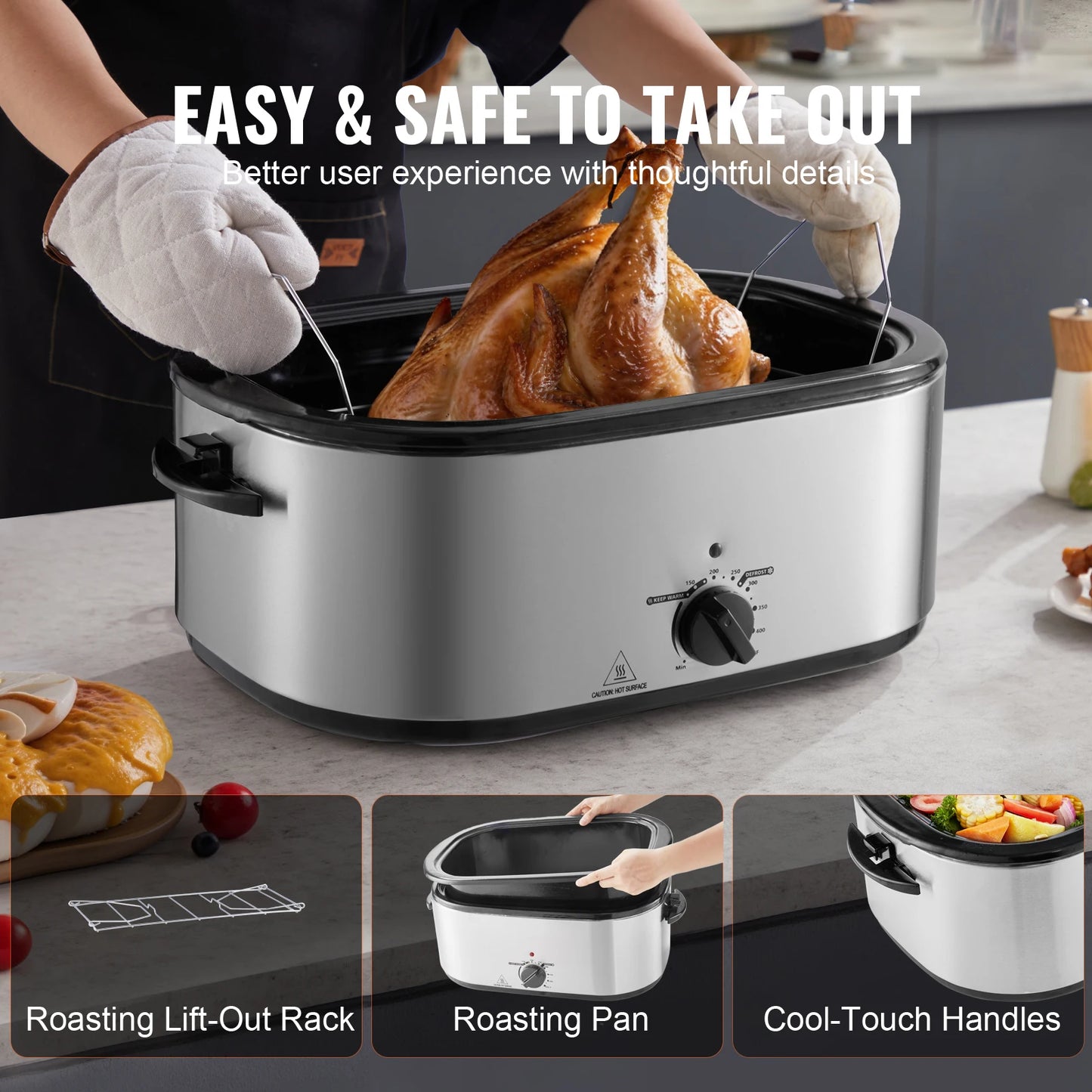 SucceBuy Electric Roaster Oven 24 QT Turkey Roaster Oven with Self-Basting Lid 1450W Roaster Oven Defrost&Warm Function Silver