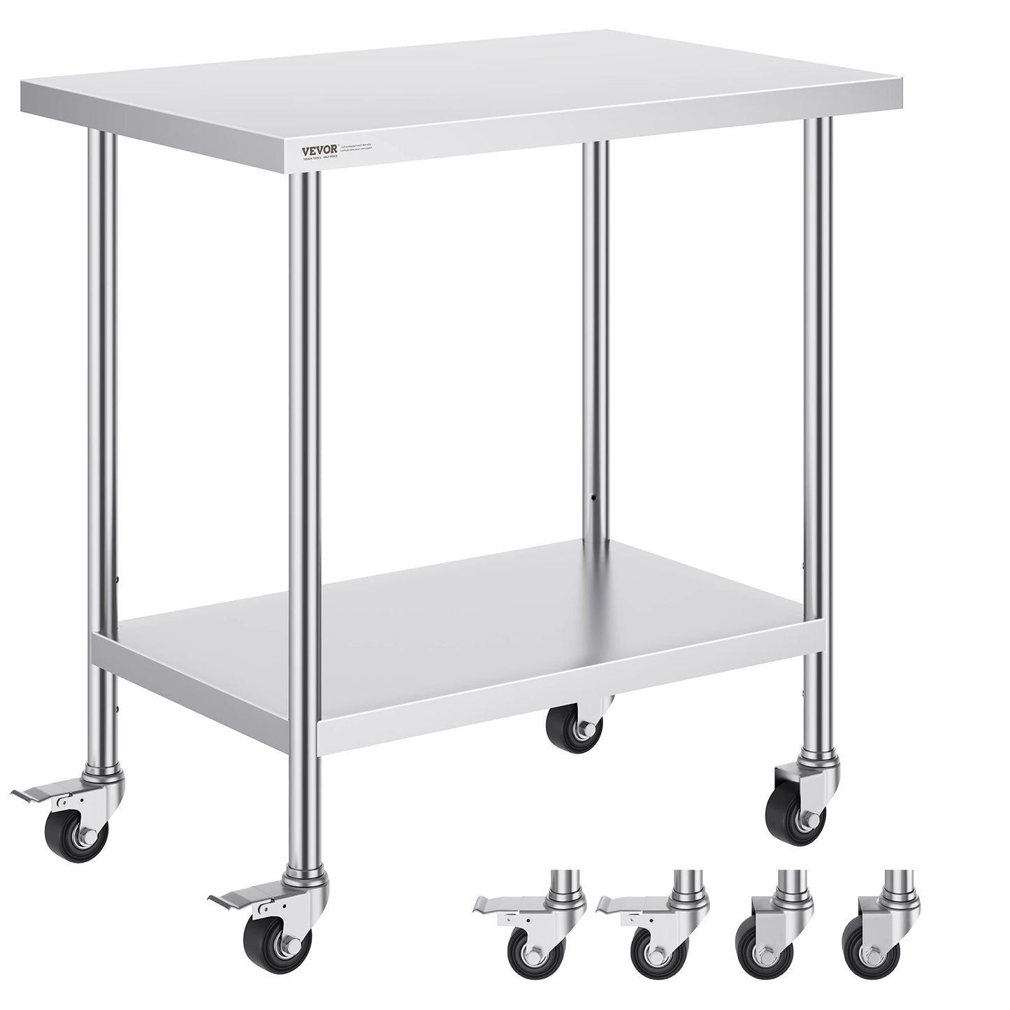 VEVOR Stainless Steel Work Prep Table with 4 Wheels 3 Adjustable Height Levels Heavy Duty Food Prep Worktable for Hotel Home