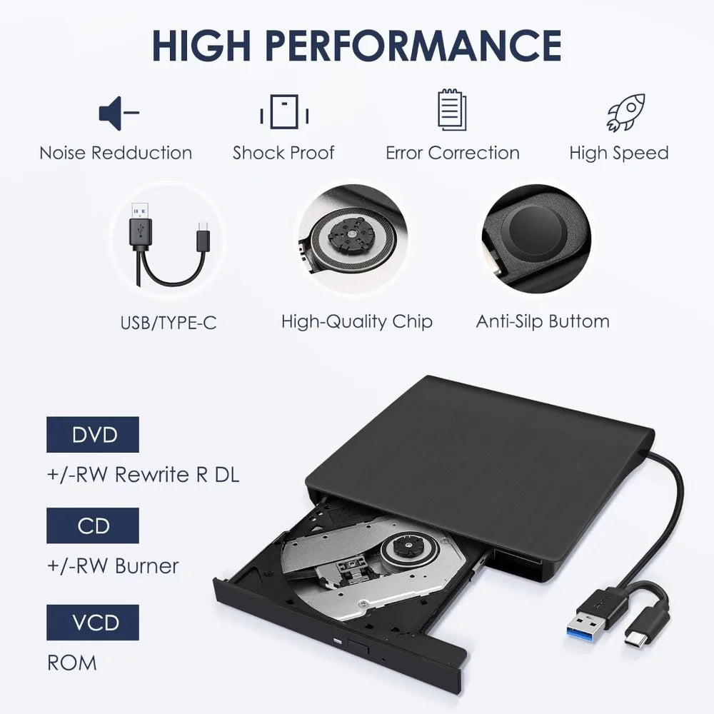 USB 3.0 USB C External CD/DVD RW Drive Read Burner Portable DVD Player Optical Drives For Laptop PC Windows 11 10 Linux MacOS