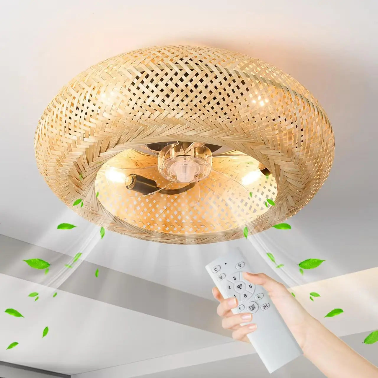 Modern Fan Light Wicker Ratten LED Ceiling Fans with Remote Control Creative Lamps for Living Room Bedroom Home Decor Chandelier