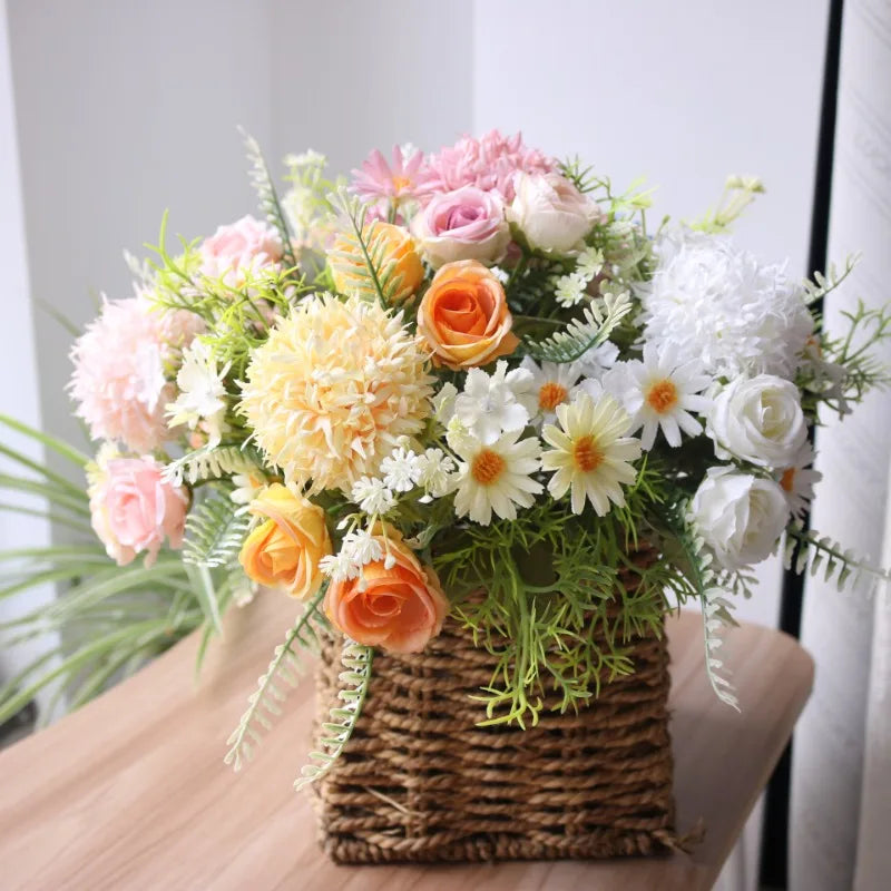 1PC Artificial Flowers Wedding Decor Props Bedroom Decoration Bridal Bouquet Garden Fake Silk Roses Hydrangeas Daisy Home Decor