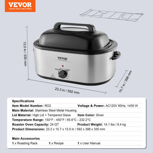 SucceBuy Electric Roaster Oven 24 QT Turkey Roaster Oven with Self-Basting Lid 1450W Roaster Oven Defrost&Warm Function Silver
