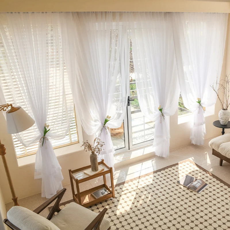 Solid White Sheer Curtains for Living Room Windows Transparent Tulle Curtain for Door Gauze Treatment Cortina Wedding Home Decor