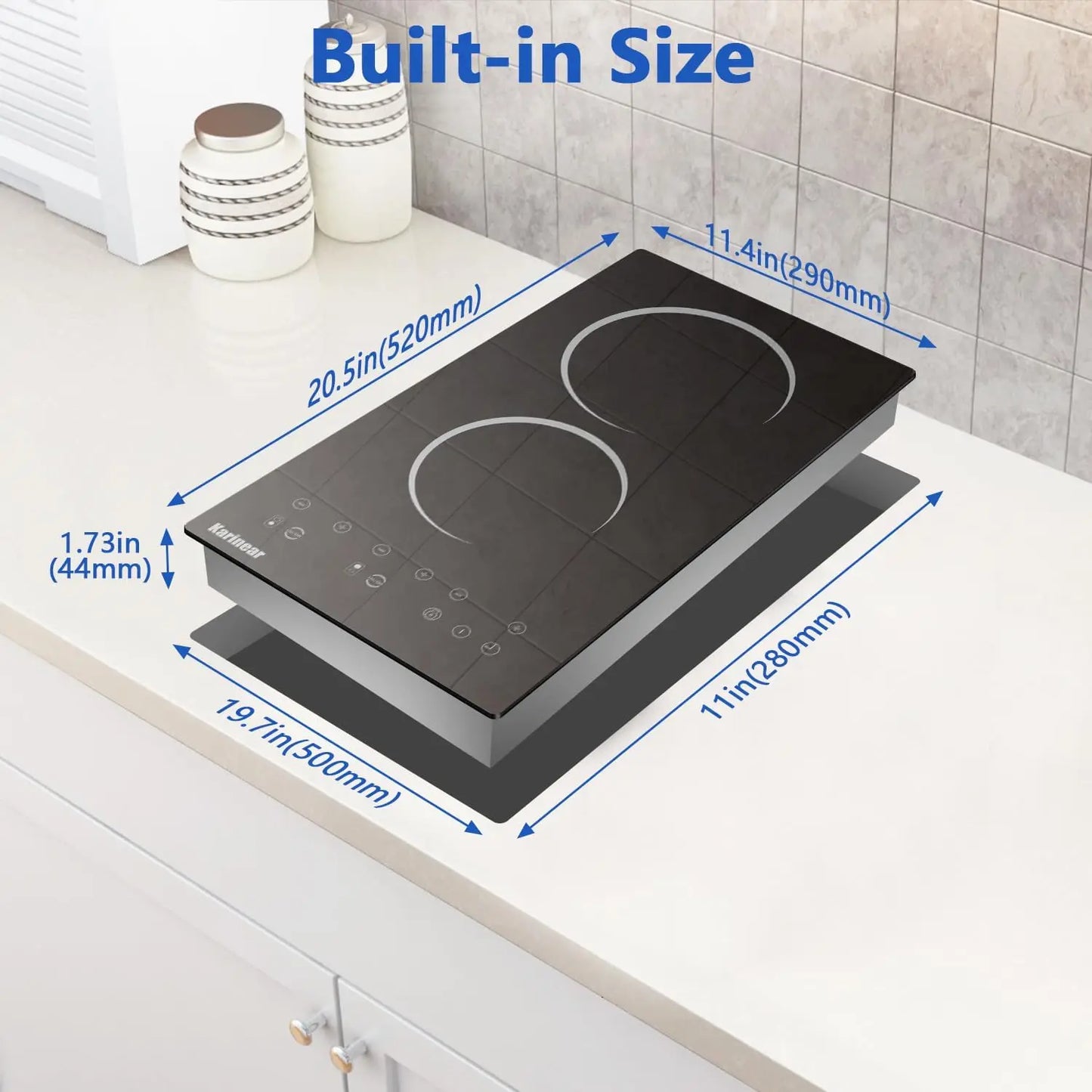 Karinear 110V Electric Cooktop 2 Burner - 12 Inch Plug in, Countertop & Built-in Ceramic Cooktop, 2000W, Residual Heat Indicator
