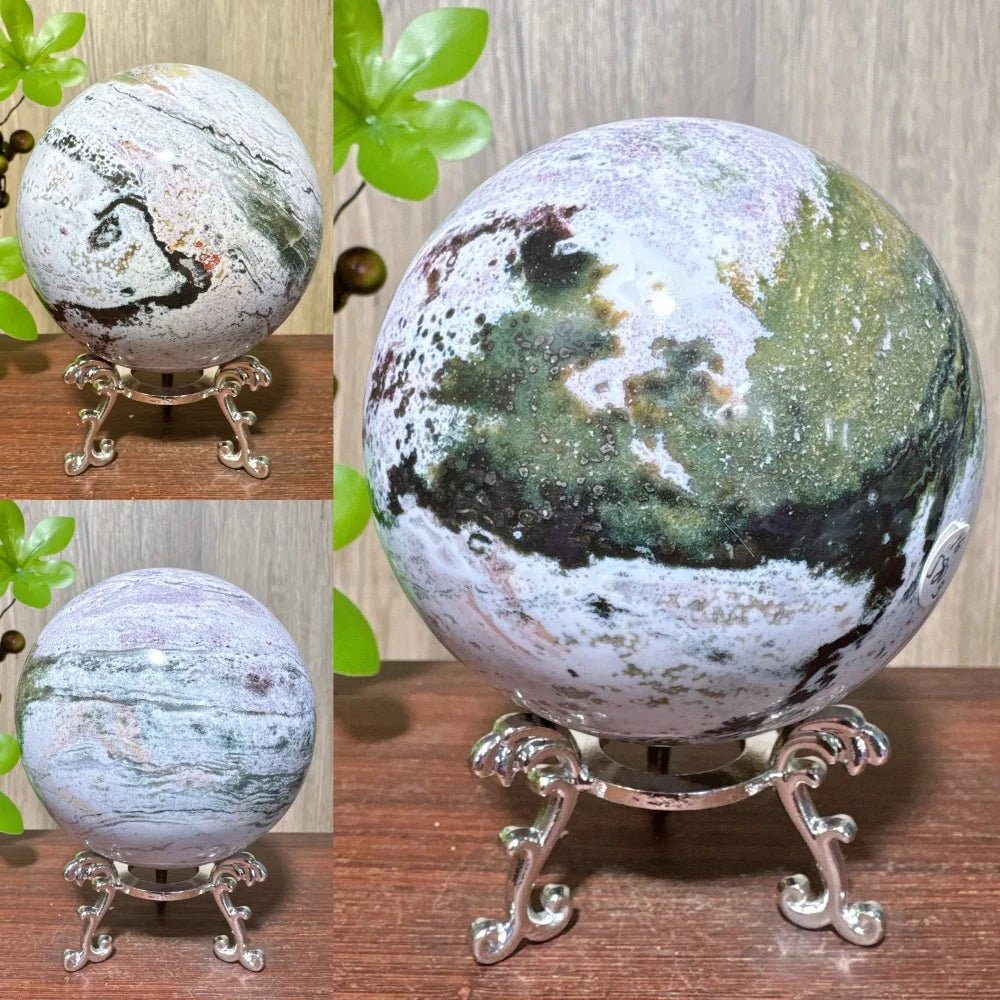 1PCS Natural Colourful Ocean Jasper Sphere WIth Druzy And Crack Raw Geode Healing Crystals Reiki Energy Home Decor +Stand