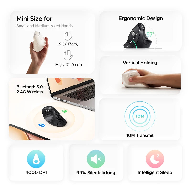 UGREEN Mini Vertical Mouse Wireless Bluetooth5.0 2.4G Ergonomic 4000DPI 6 Mute Buttons for MacBook Tablet Laptops Computer Mice