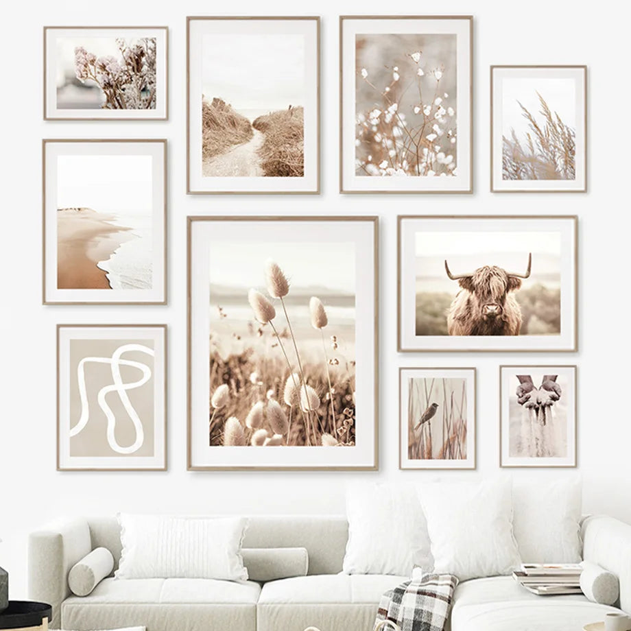 Neutral Beige Wall Art Mural Canvas Prints Boho Nature Landscape Highland Cow Coastal Pampas Grass Plant Posters Room Home Decor
