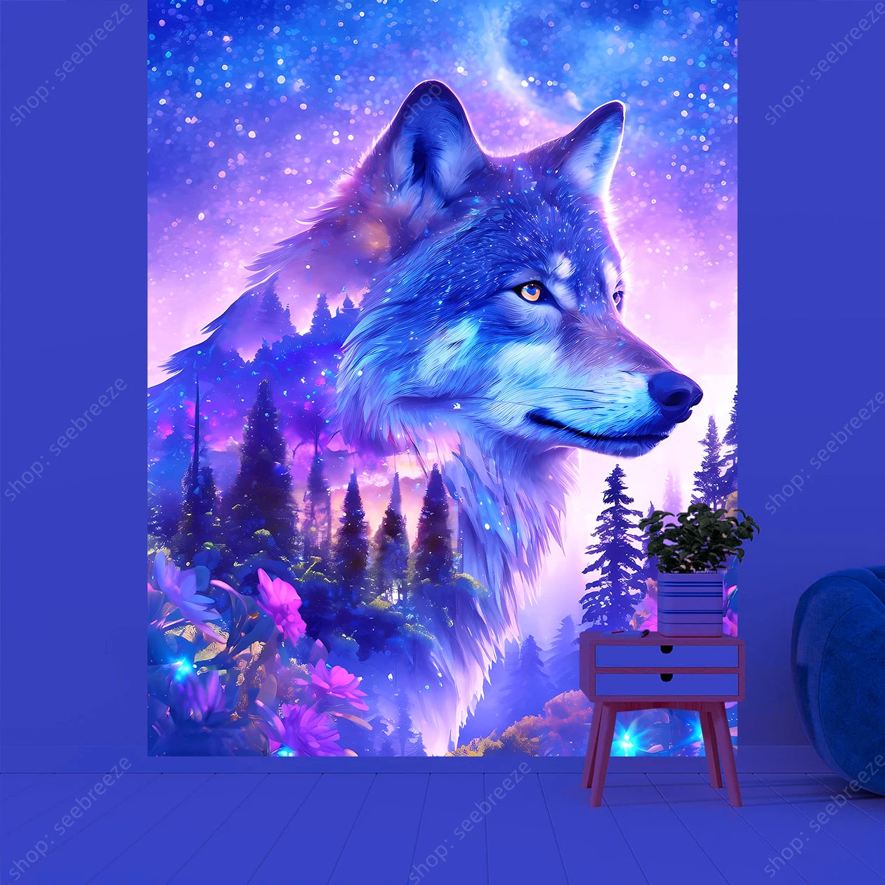 Wolf UV Reactive Tapestry Minimalist Abstract Art Hippie Tapitz Witchcraft Mysterious Tapestries Bedroom Living Room Home Decor