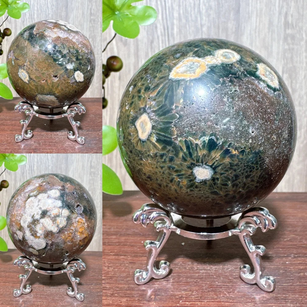 1PCS Natural Colourful Ocean Jasper Sphere WIth Druzy And Crack Raw Geode Healing Crystals Reiki Energy Home Decor +Stand