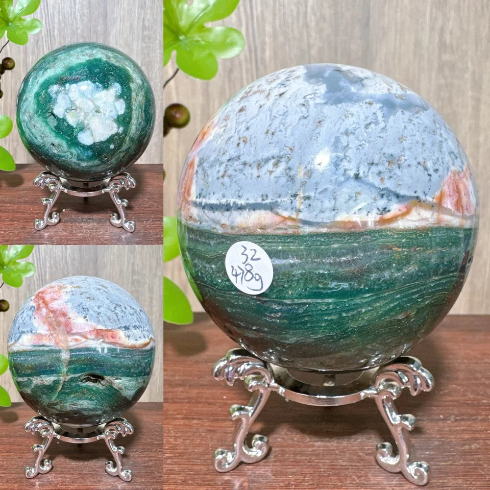 1PCS Natural Colourful Ocean Jasper Sphere WIth Druzy And Crack Raw Geode Healing Crystals Reiki Energy Home Decor +Stand