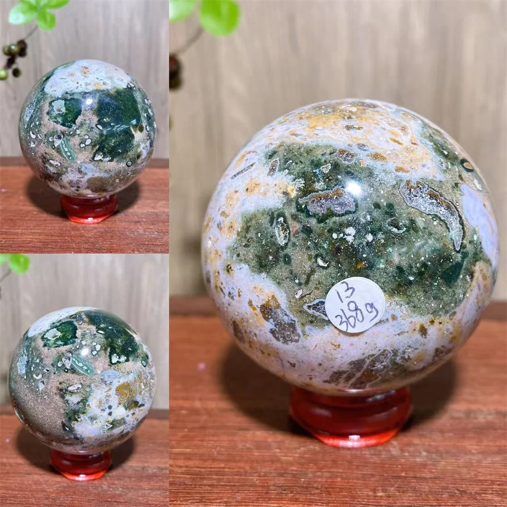 1PCS Natural Colourful Ocean Jasper Sphere WIth Druzy And Crack Raw Geode Healing Crystals Reiki Energy Home Decor +Stand