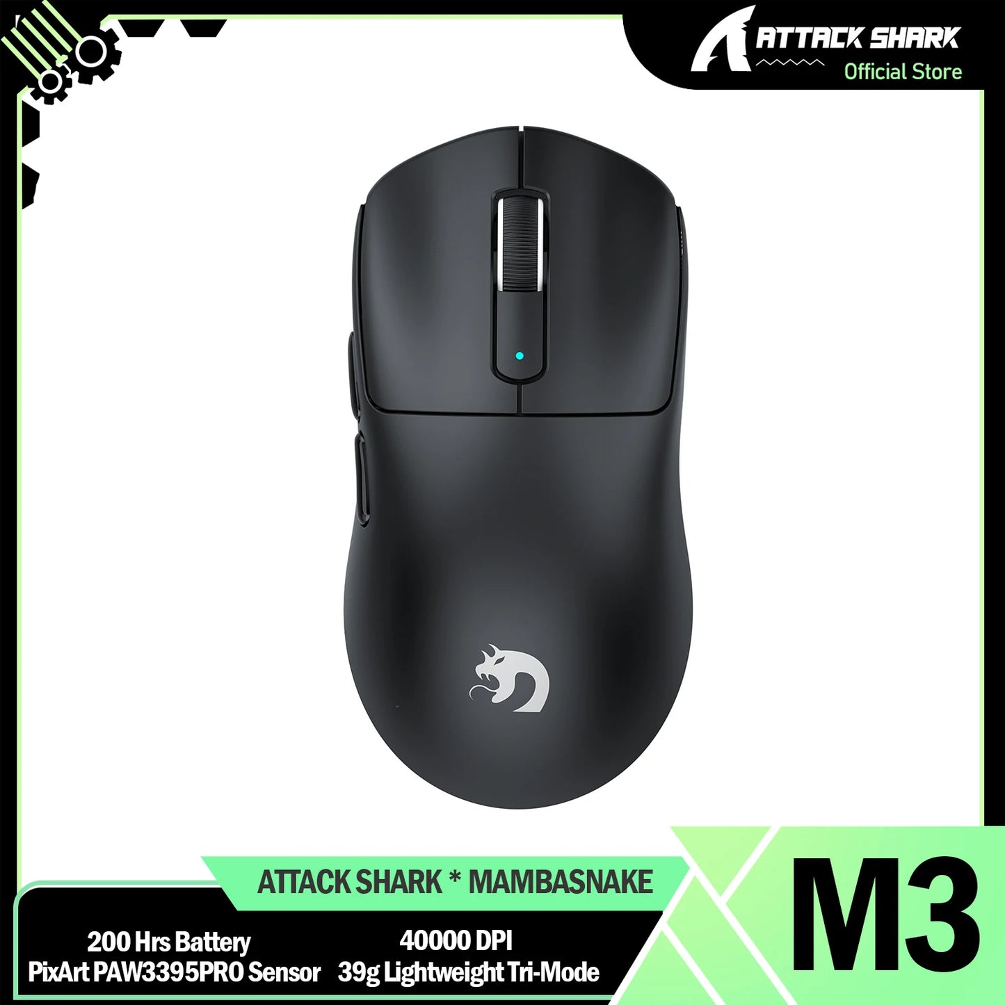 ATTACK SHARK * MAMBASNAKE M3 39g SUPERLIGHT Mouse, PixArt PAW3395PRO Gaming Sensor, 6 Adjustable DPI up to 40000,200 Hrs Battery